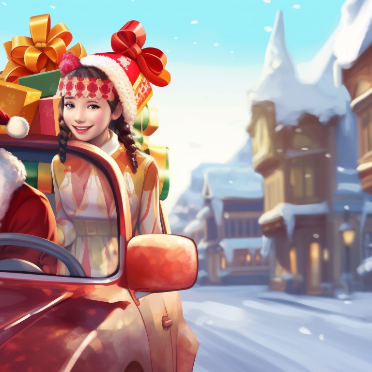 Two characters in a playful mood, beside a frosted vintage car with holiday adornments. beloved holiday car matching guides pfp for discord.