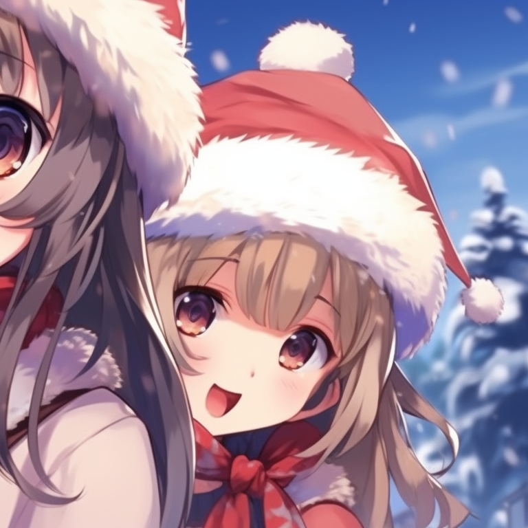 Two anime girls singing Christmas carols, with sheet music in hand, detailed with expressive eyes and light effects. favorite matching christmas anime girl pfp pfp for discord.