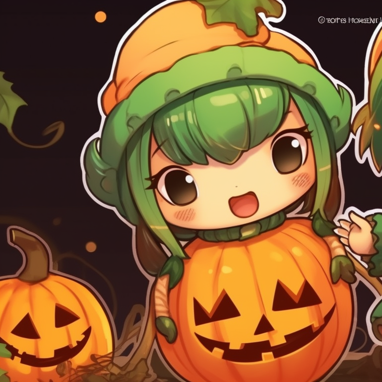 Two characters celebrating at a Christmas party, complimenting pumpkin design on outfits, with pine trees and snowflakes in the backdrop. matching christmas pumpkin pfp trends pfp for discord.