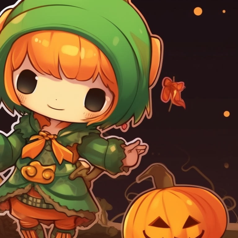 Two characters celebrating at a Christmas party, complimenting pumpkin design on outfits, with pine trees and snowflakes in the backdrop. matching christmas pumpkin pfp trends pfp for discord.