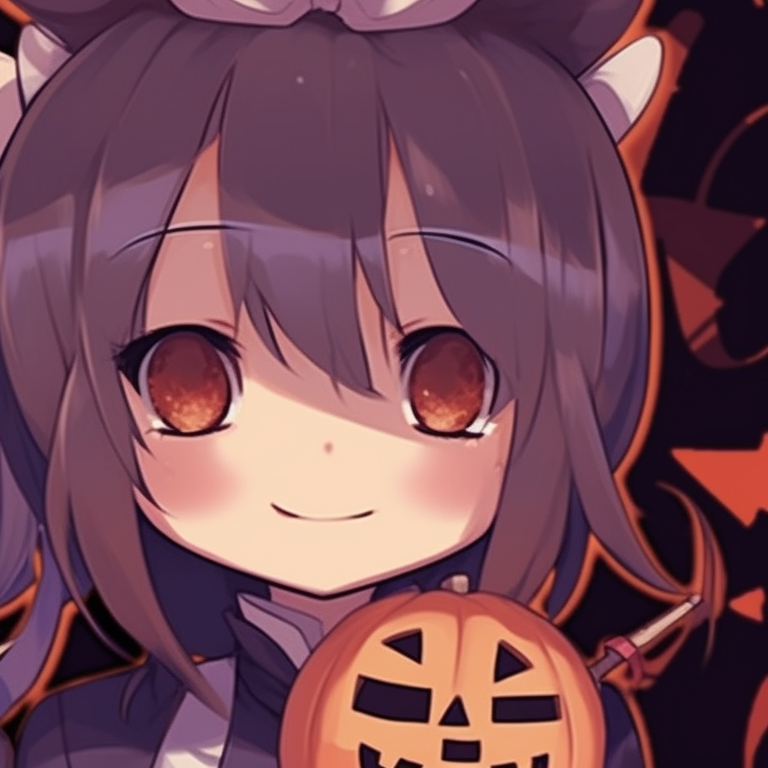 Two cute girls with Halloween-themed outfits including pumpkin patterns and warm colors. cute girl anime halloween matching pfp pfp for discord.