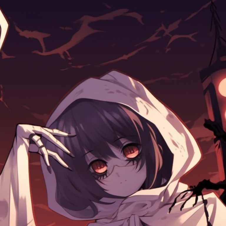 Two characters dressed as angels, glimmering halo effects around them, set against a twilight backdrop. anime halloween matching pfp themes pfp for discord.