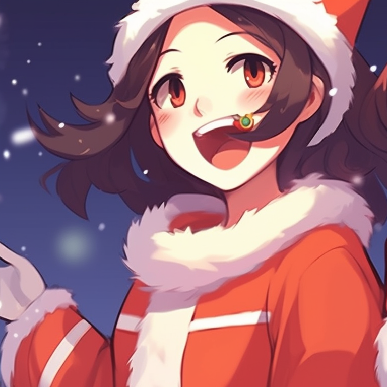 Two characters in Santa outfits, bright red and white palette, laughing together. festive matching discord pfp christmas pfp for discord.