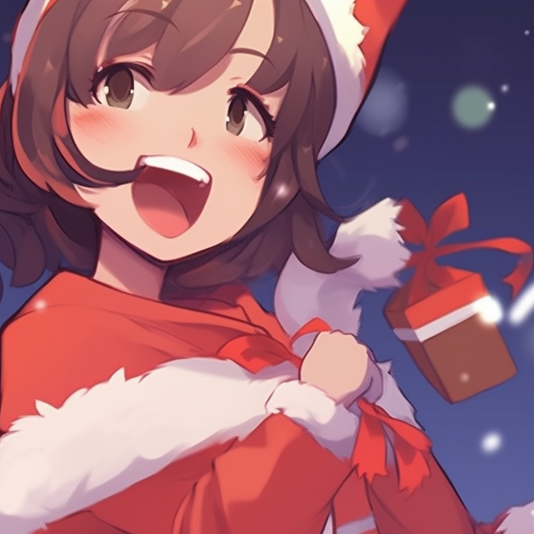 Two characters in Santa outfits, bright red and white palette, laughing together. festive matching discord pfp christmas pfp for discord.