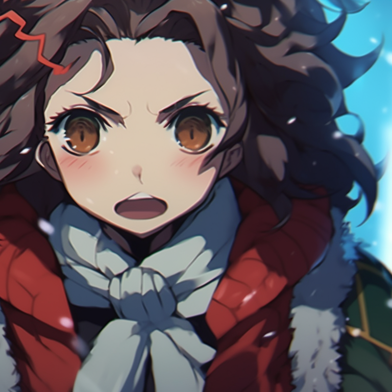 Two characters facing off with playful smiles, a festive motif, and vivid colors bringing out the dynamic competitiveness. demon slayer christmas wallpapers pfp pfp for discord.