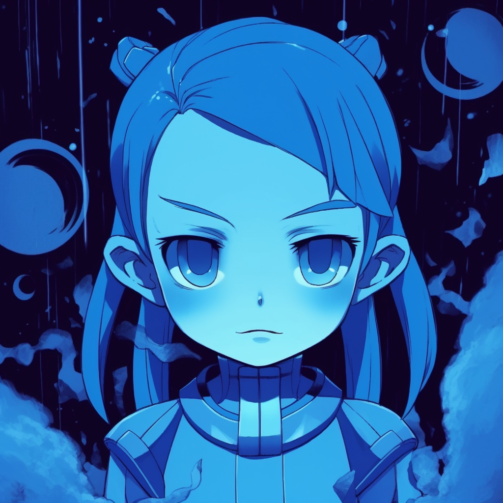 Astro Boy submerged in blue color overtones, focusing on vintage manga aesthetics. blue-hued anime pfp