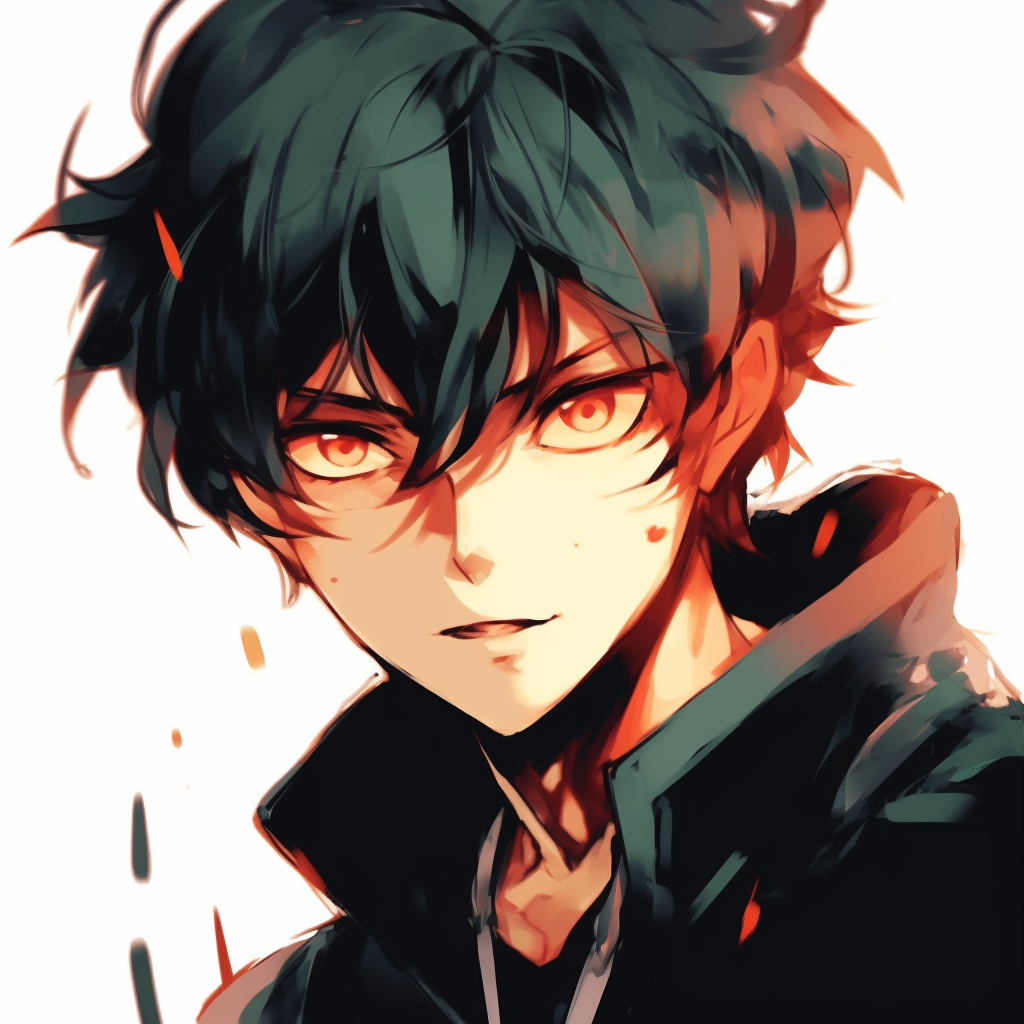 Anime guy with fiery red hair and green eyes, bold colors and dynamic linework. unique anime guy pfp