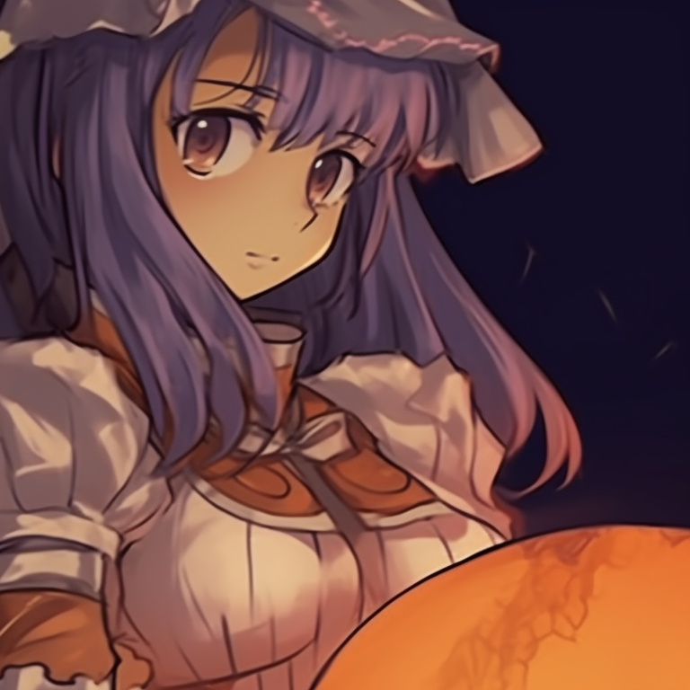 orange pumpkin and Casca in dynamic poses, Halloween decorations in background, dramatic shadows berserk characters in halloween outfits pfps pfp for discord.