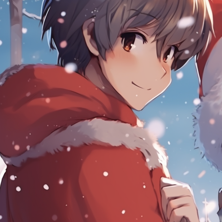 Two characters embracing under a starlit sky, utilising soft colour palette and nuanced expressions conveying a romantic atmosphere. christmas matching pfp for festive pfp for discord.