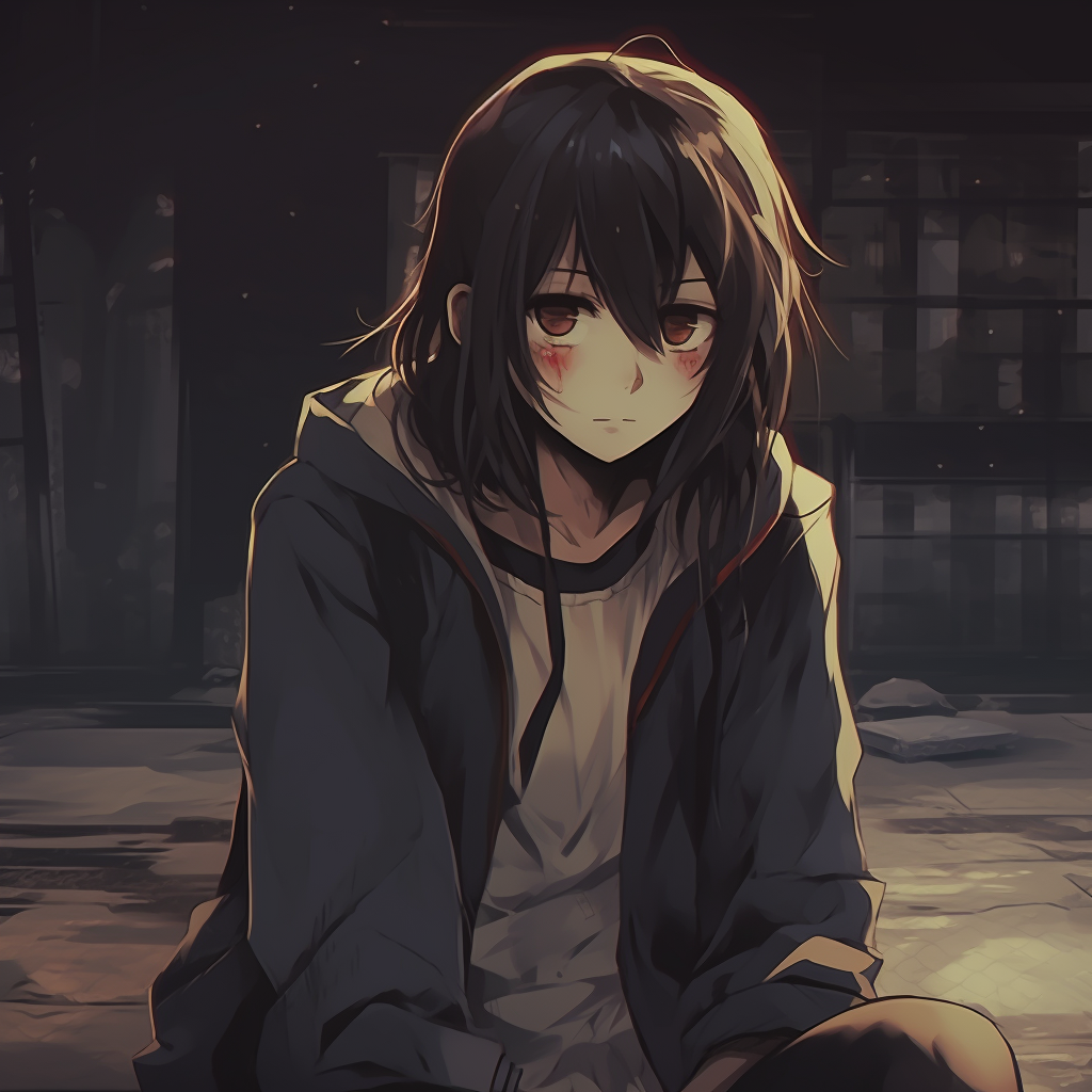 Teen anime character in despair, dark shades and heightened contrast. unique depressed anime pfp compilations