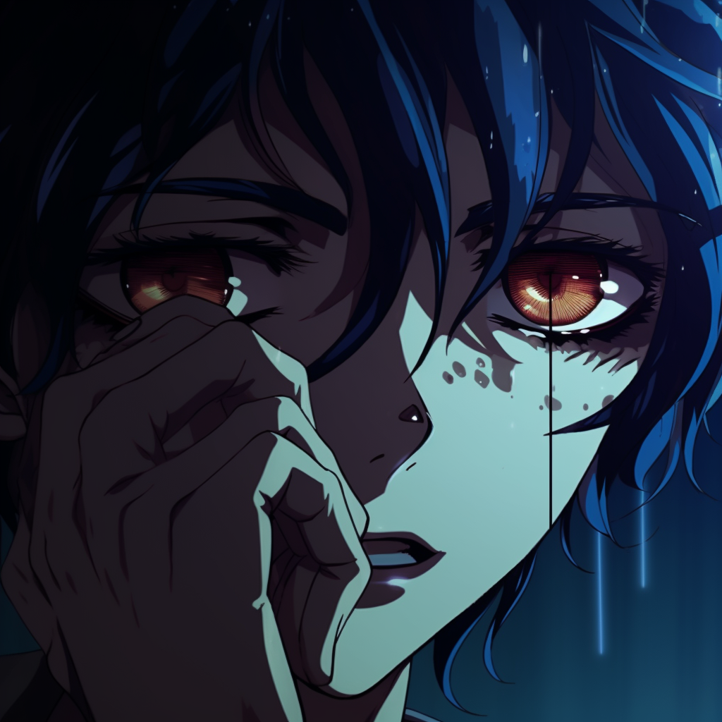 Anime profile picture of a character crying in the rain, the art style focuses on the water details. poignant crying anime pfp pfp for discord.