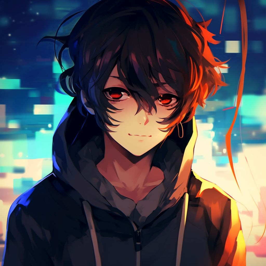 Anime boy rendered in abstract art form, with vibrant colors contrasting the monochrome atmosphere. anime pfp boy artsy