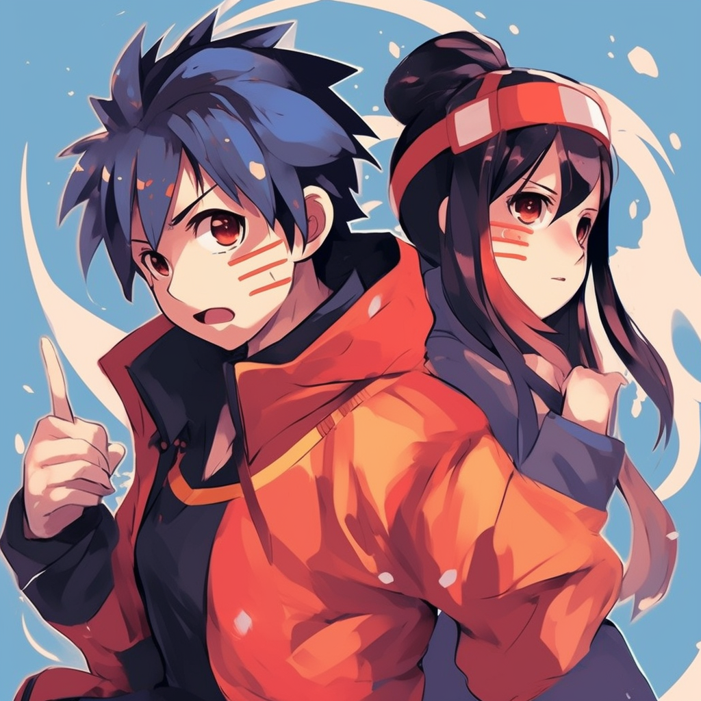 Naruto and Sasuke in matching combat poses, bold lines and striking colors. unforgettable matching anime pfp for friends