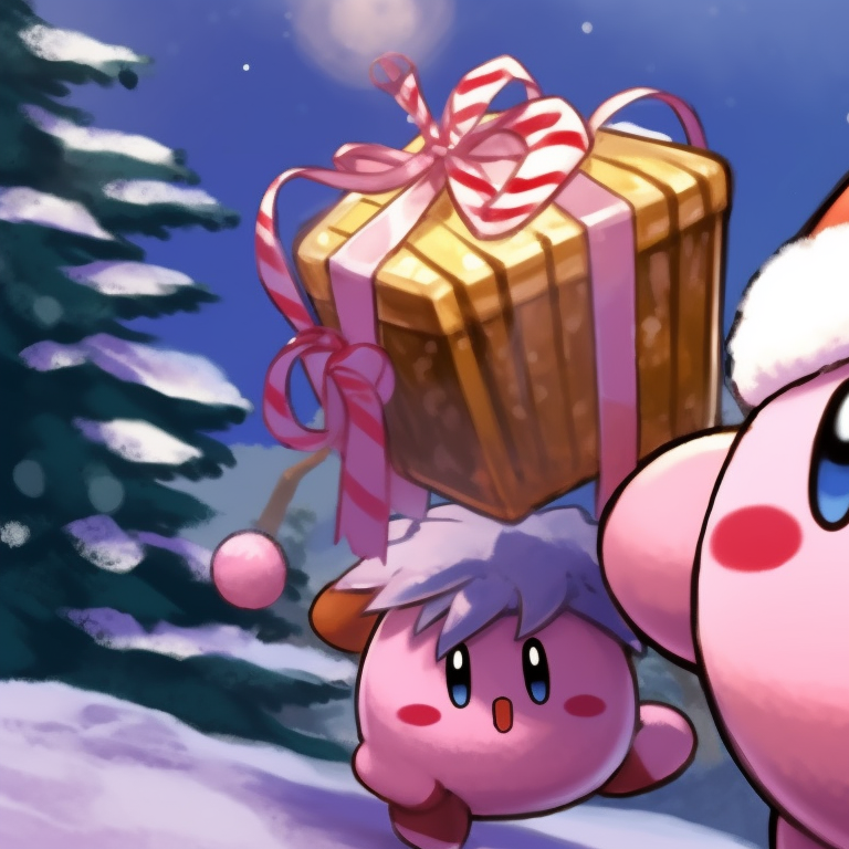 Cheerful Kirby pair, candy cane accessories, vibrant Christmas colors. best matching kirby christmas pfp pfp for discord.