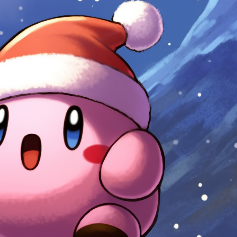 Cheerful Kirby pair, candy cane accessories, vibrant Christmas colors. best matching kirby christmas pfp pfp for discord.