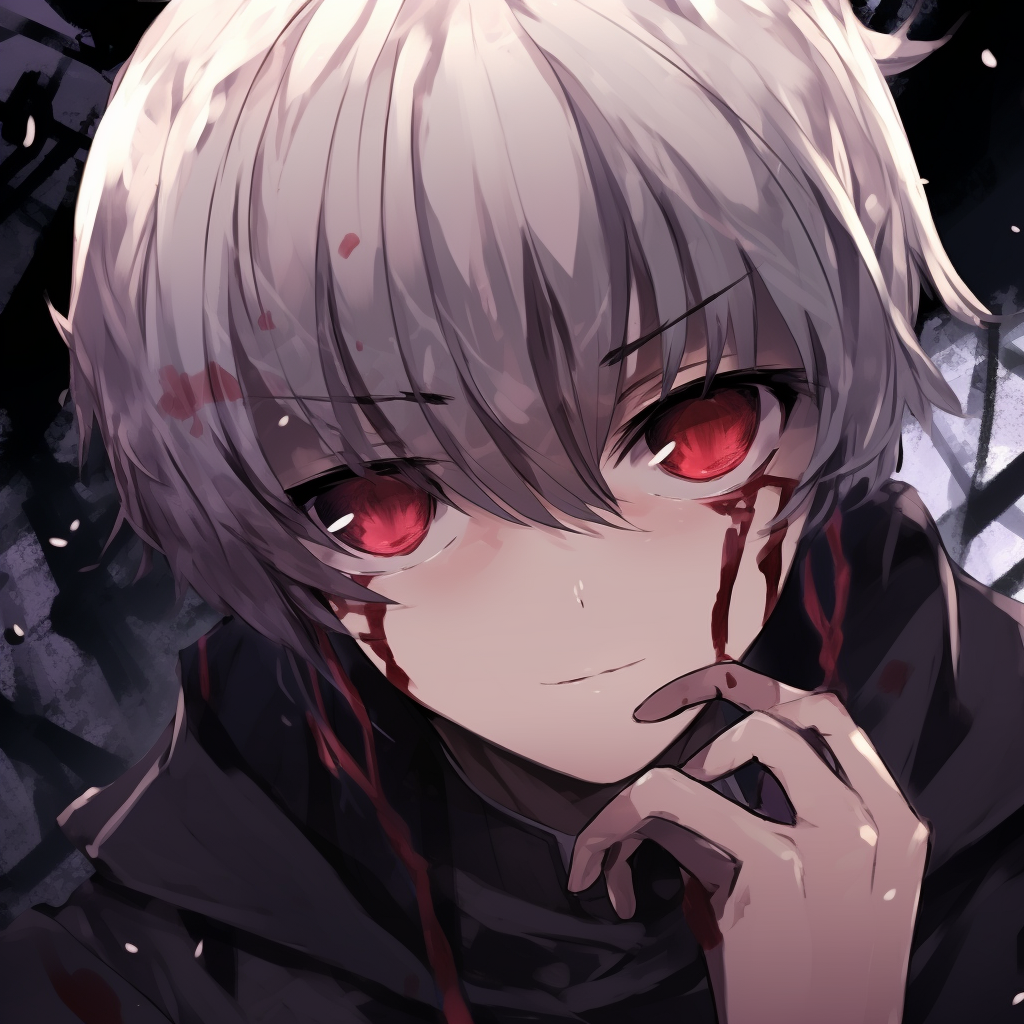 Tokyo Ghoul's Kaneki, deep shadows and red accents. 512x512 anime pfp image converter