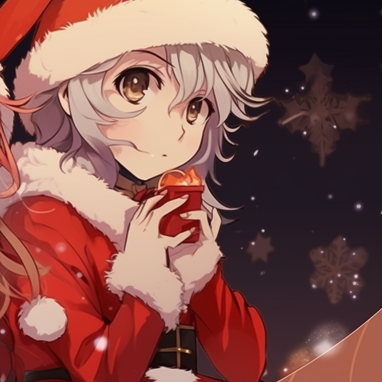 Two characters in winter wear, holding songbooks, a snowy village as background. adorable matching christmas discord pfp pfp for discord.