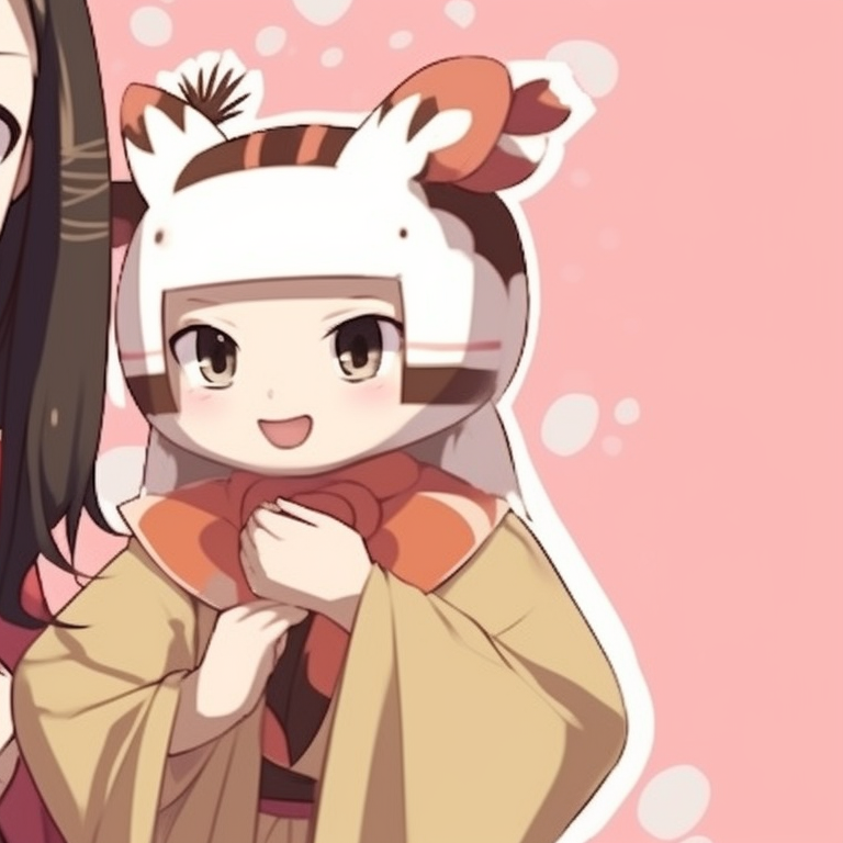 Nezuko and another character in festive attire, soft hues, and gentle, delicate lines. nezuko-themed matching christmas pfp pfp for discord.