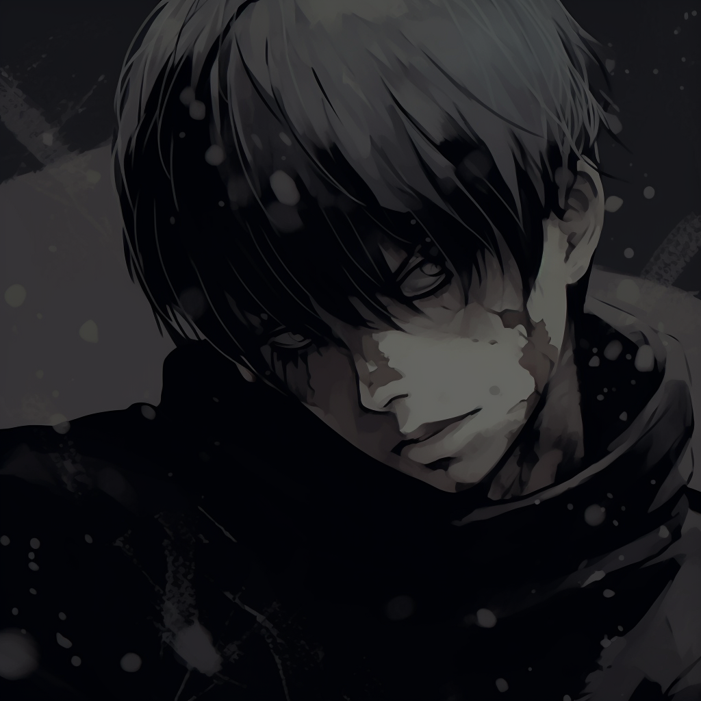 Kaneki's profile picture in monochrome grunge style, focusing on his ghoul mask and red eye accent. edgy grunge anime pfp