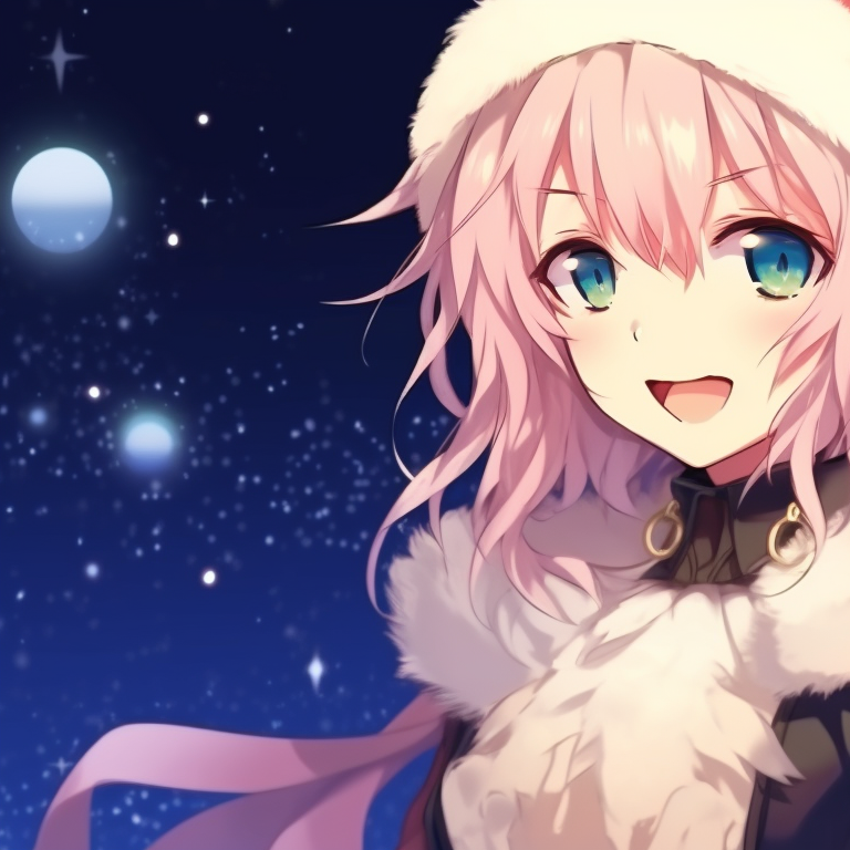 Astolfo and his mate in a snowy landscape, vibrant colors and warm expressions, signify a festive mood. astolfo themed christmas matching pfp pfp for discord.