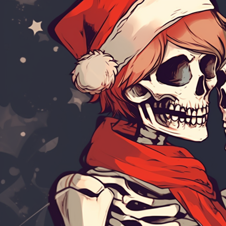 Two skeleton characters cheek to cheek, wistful expressions, under a flurry of snow and holiday lights. bone love - matching christmas pfp of skeletons kissing pfp for discord.
