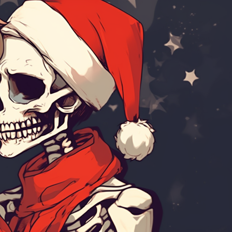 Two skeleton characters cheek to cheek, wistful expressions, under a flurry of snow and holiday lights. bone love - matching christmas pfp of skeletons kissing pfp for discord.