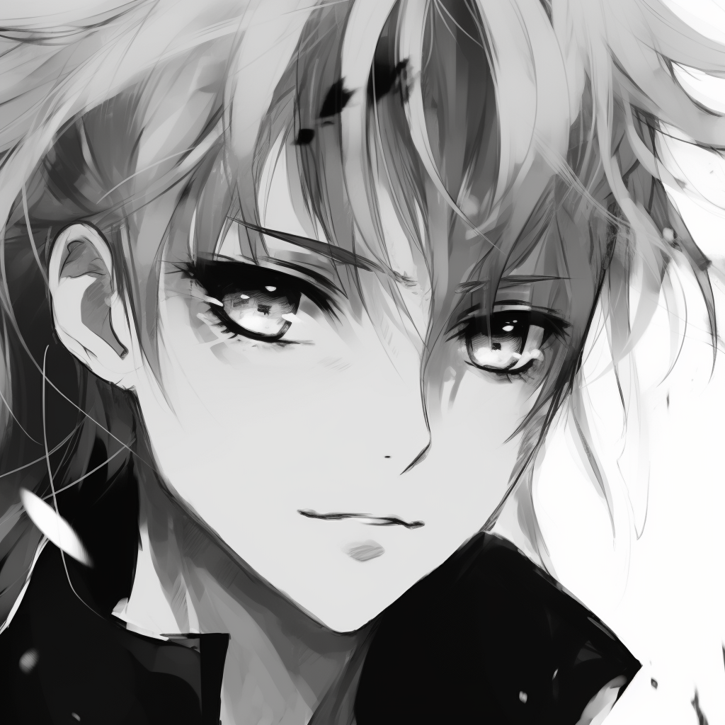 An anime male image crafted with an ink-styled textures, accentuating smooth lines and sharp details. anime profile picture black and white male