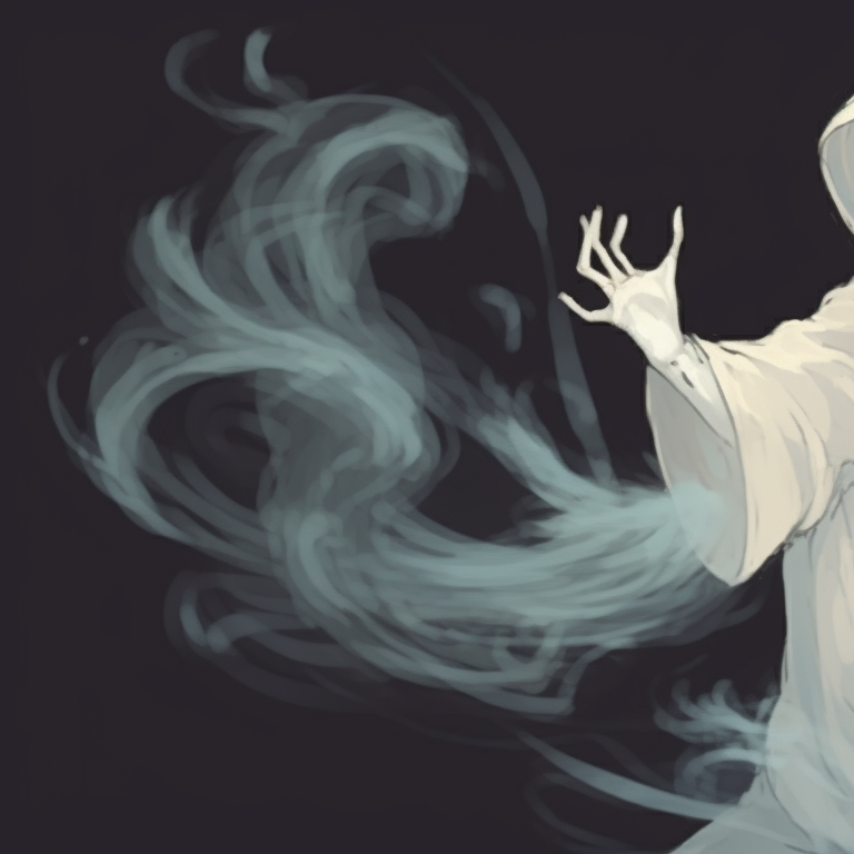 Two characters, darker tones with hints of luminescence, ghostly apparitions overlapping. ghost pfp design series for halloween theme pfp for discord.