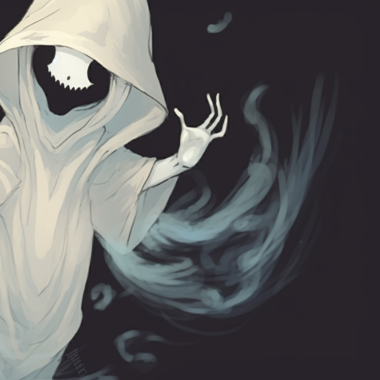 Two characters, darker tones with hints of luminescence, ghostly apparitions overlapping. ghost pfp design series for halloween theme pfp for discord.