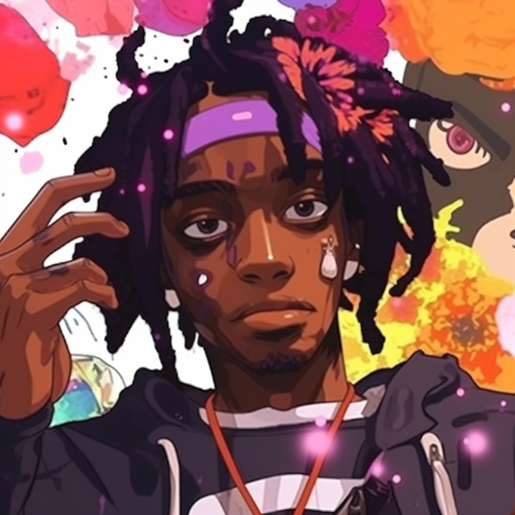 Anime depiction of a biker gang member inspired by Carti's aesthetic, featuring sharp details and darker color tones. anime pfp inspired by playboi carti