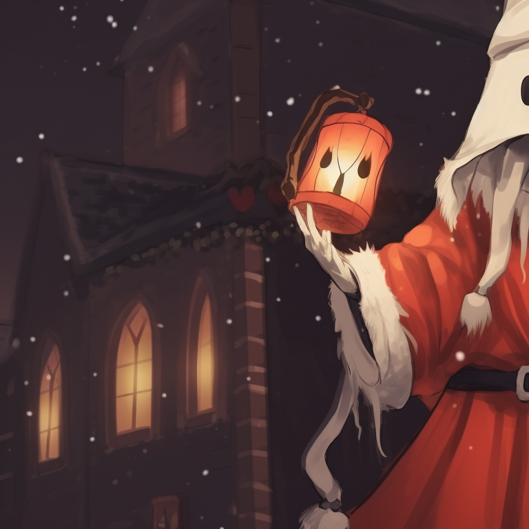 Two spectral characters, clad in matching Santa hats, illumined by soft candlelight. animated matching christmas pfp ghost moments pfp for discord.