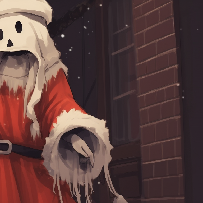 Two spectral characters, clad in matching Santa hats, illumined by soft candlelight. animated matching christmas pfp ghost moments pfp for discord.