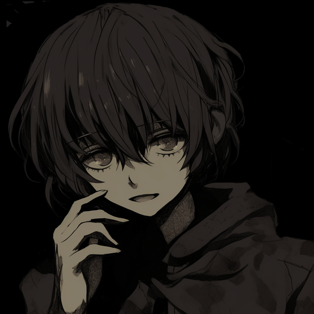 Anime character with an intense gaze, exemplified by strong contrast and prevailing dark tones. aesthetic influence in dark anime pfp pfp for discord.