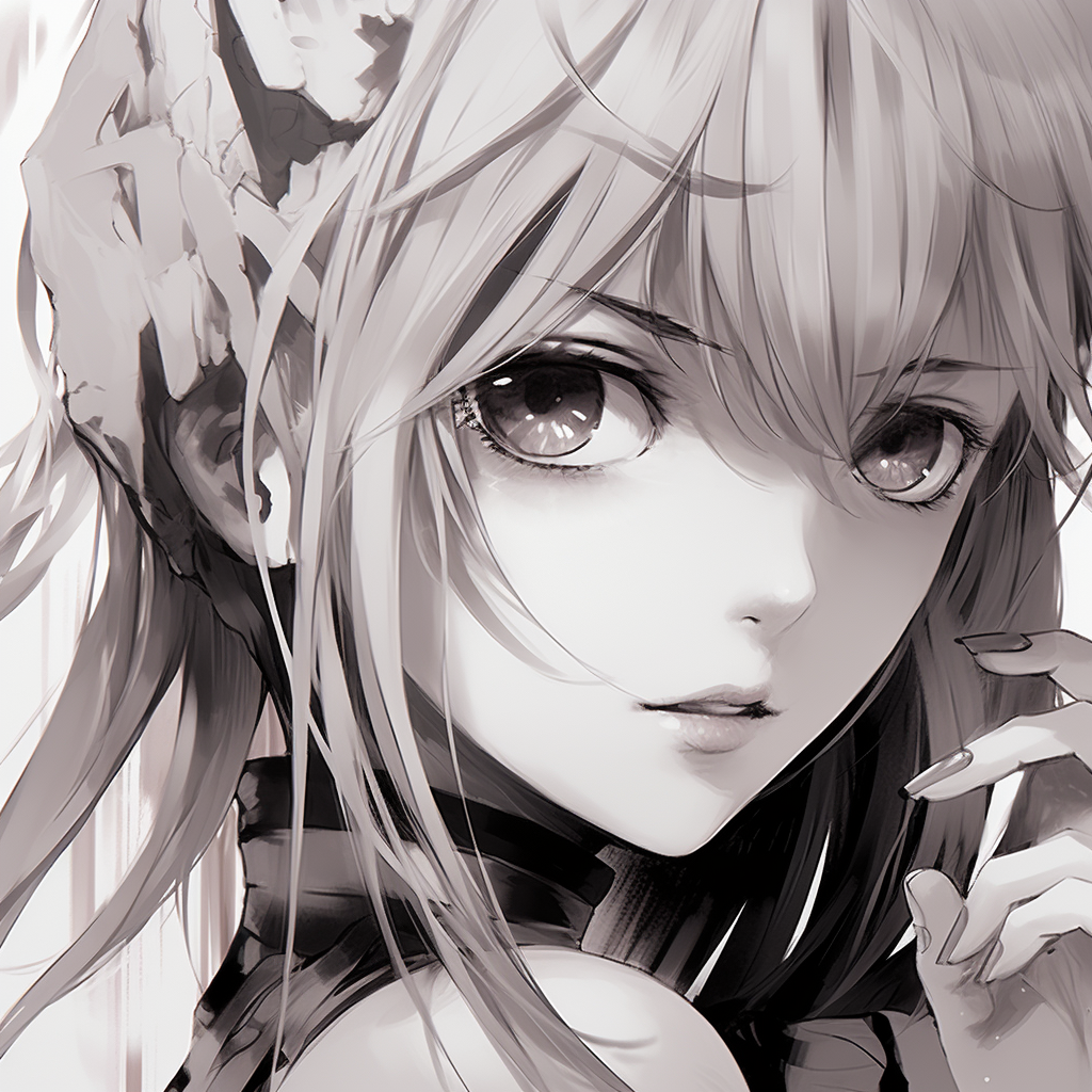 Close-up of a stoic anime girl, facial features highlighted through intricate monochrome linework. anime pfp girl in black and whiteHD, free download