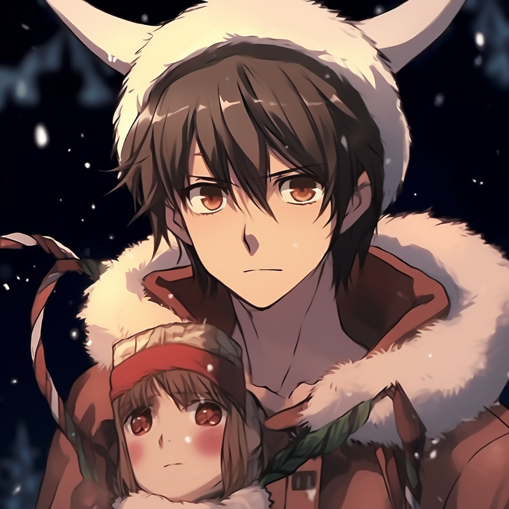 Kaneki from Tokyo Ghoul in a Christmassy scene, monochrome detailing with red accents. anime christmas pfp ideas