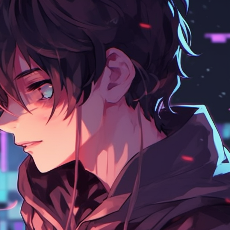 Two characters with Hi-tech devices, neon colors, sharing a digital connection. anime matching pfp couple art pfp for discord.