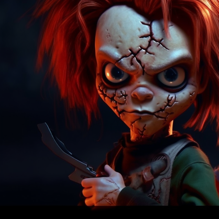Chucky and Tiffany, emerging from the shadows, eerie lighting and deep contrasts. matching pfps with chucky and tiffany halloween theme pfp for discord.