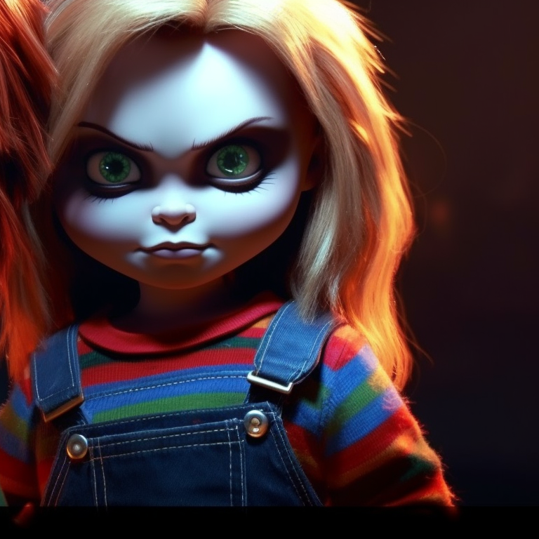 Chucky and Tiffany, emerging from the shadows, eerie lighting and deep contrasts. matching pfps with chucky and tiffany halloween theme pfp for discord.
