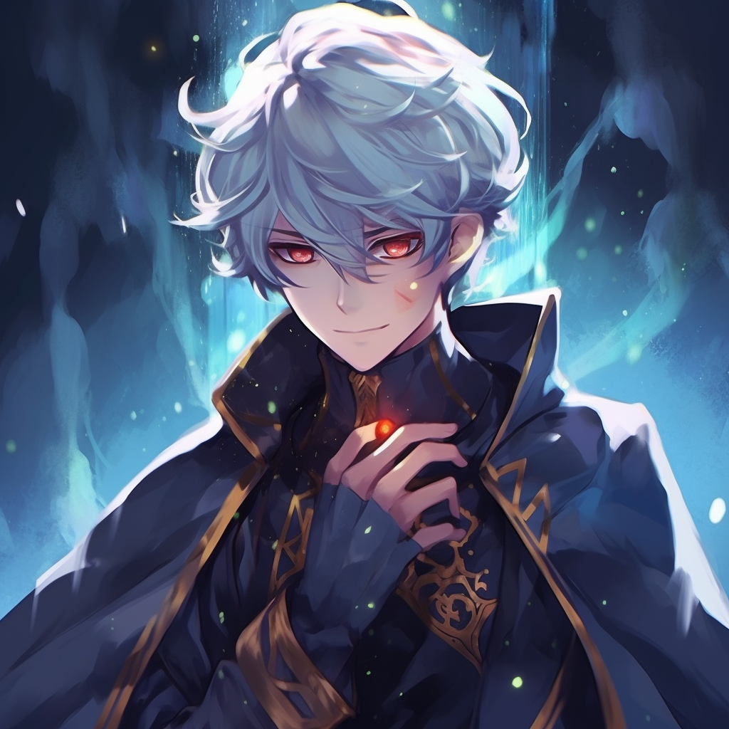 Portray of a mystical male anime character, draped in a wizard robe, with a cosmic aura and sparkling eye detail. mystical male anime pfp