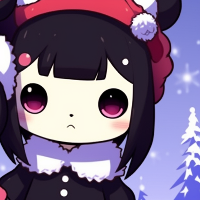 Two characters Kuromi in winter clothing, vivid colors and use of thick lines. matching kuromi christmas pfp themes pfp for discord.