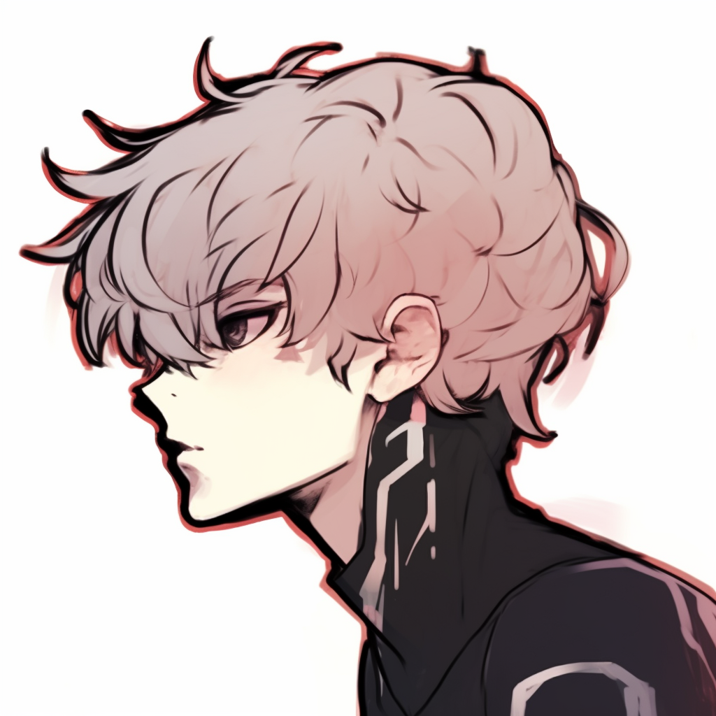 Profile view of an anime boy with a mysterious aura, heavy shadowing and detailed linework. sus anime boy pfp imagery