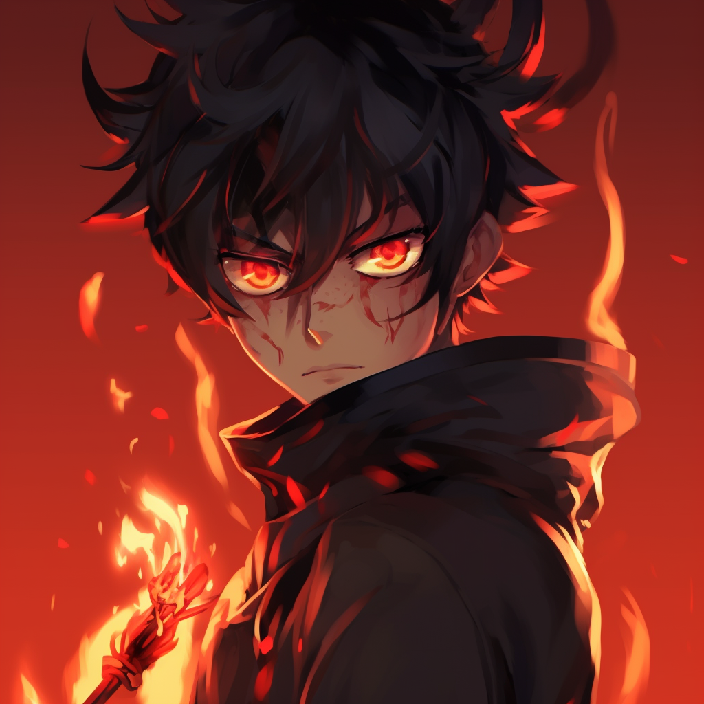 Close-up shot of a demon boy with fiery eyes and intricate details. boy demon anime pfp pfp for discord.