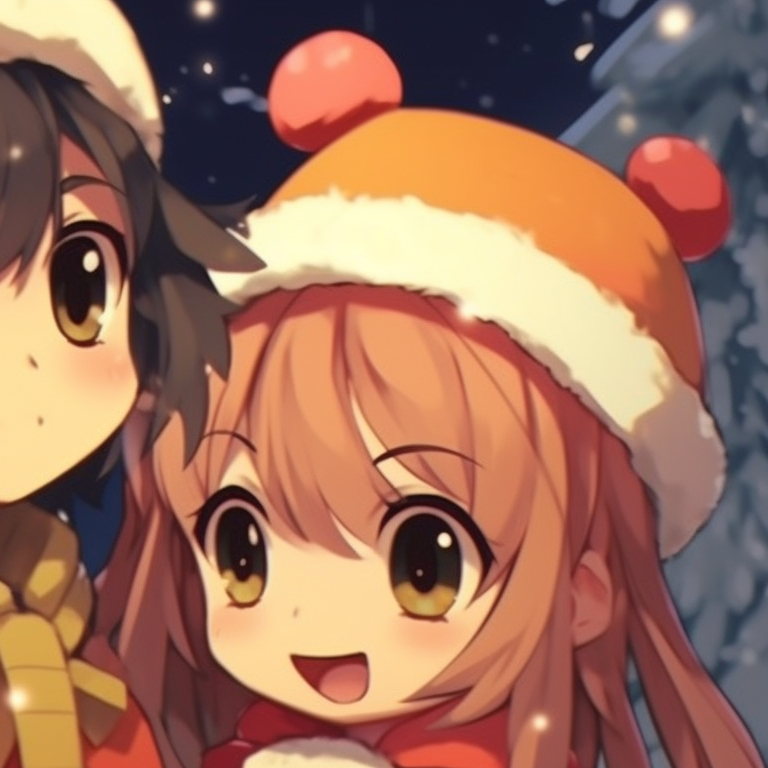 Matching anime profile pictures featuring two characters wearing reindeer antlers, laughing in a joyous orange Christmas setting. unique matching orange christmas pfp pfp for discord.