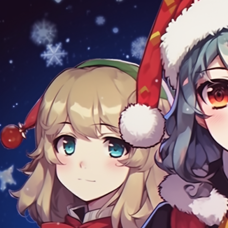 Two characters in festive attire, vibrant colors and bold lines. colorful matching christmas pfp 2021 pfp for discord.