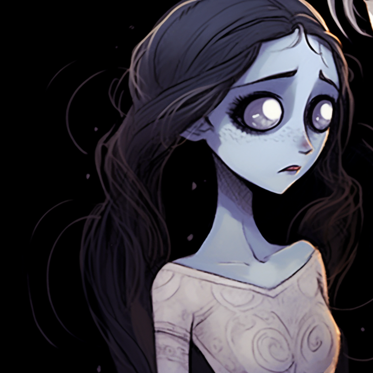 Two characters, under a starlit sky, sharp lines and Moon's pale glow illuminating the scene. unique corpse bride pfp pfp for discord.