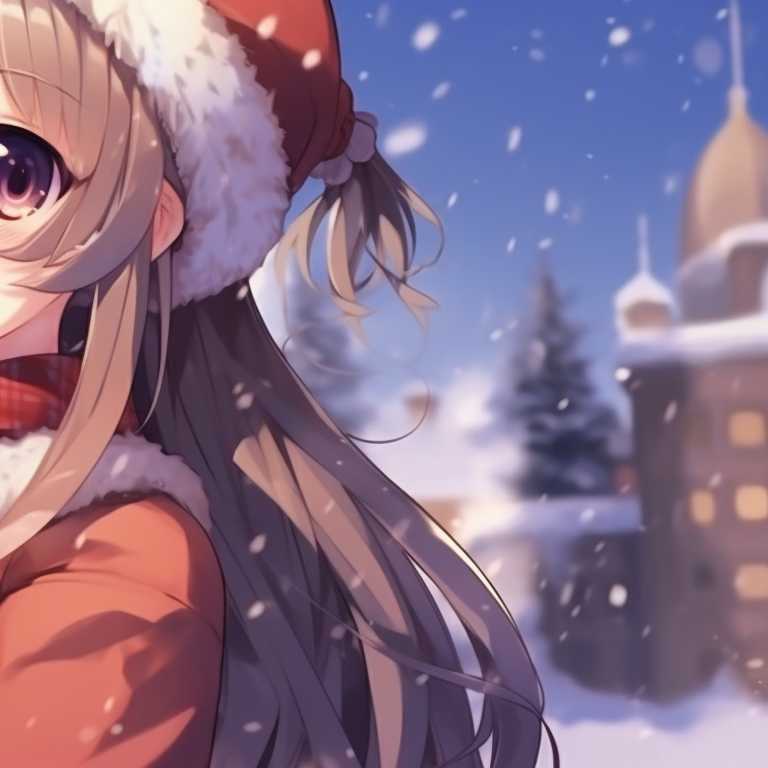 Two anime girls enjoying the snowfall, dressed in fluffy winter clothes, with a snow laden landscape in the backdrop. favorite matching christmas anime girl pfp pfp for discord.