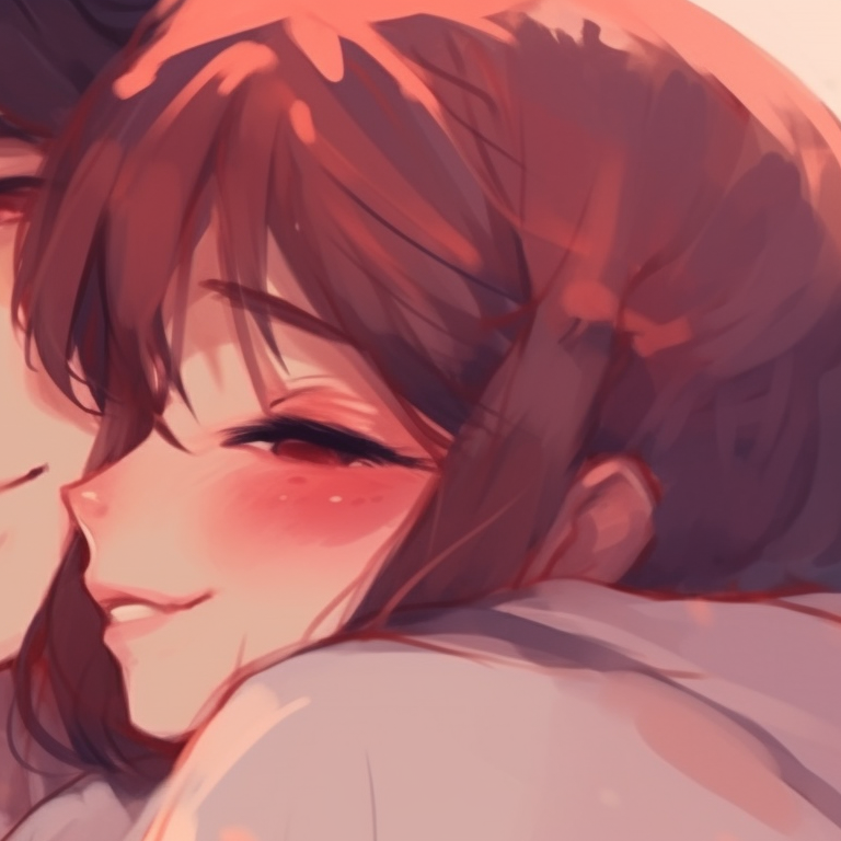 Close-up of two characters blushing, focused eyes, highlighted with rosy hues. romantic cute couple matching pfp pfp for discord.