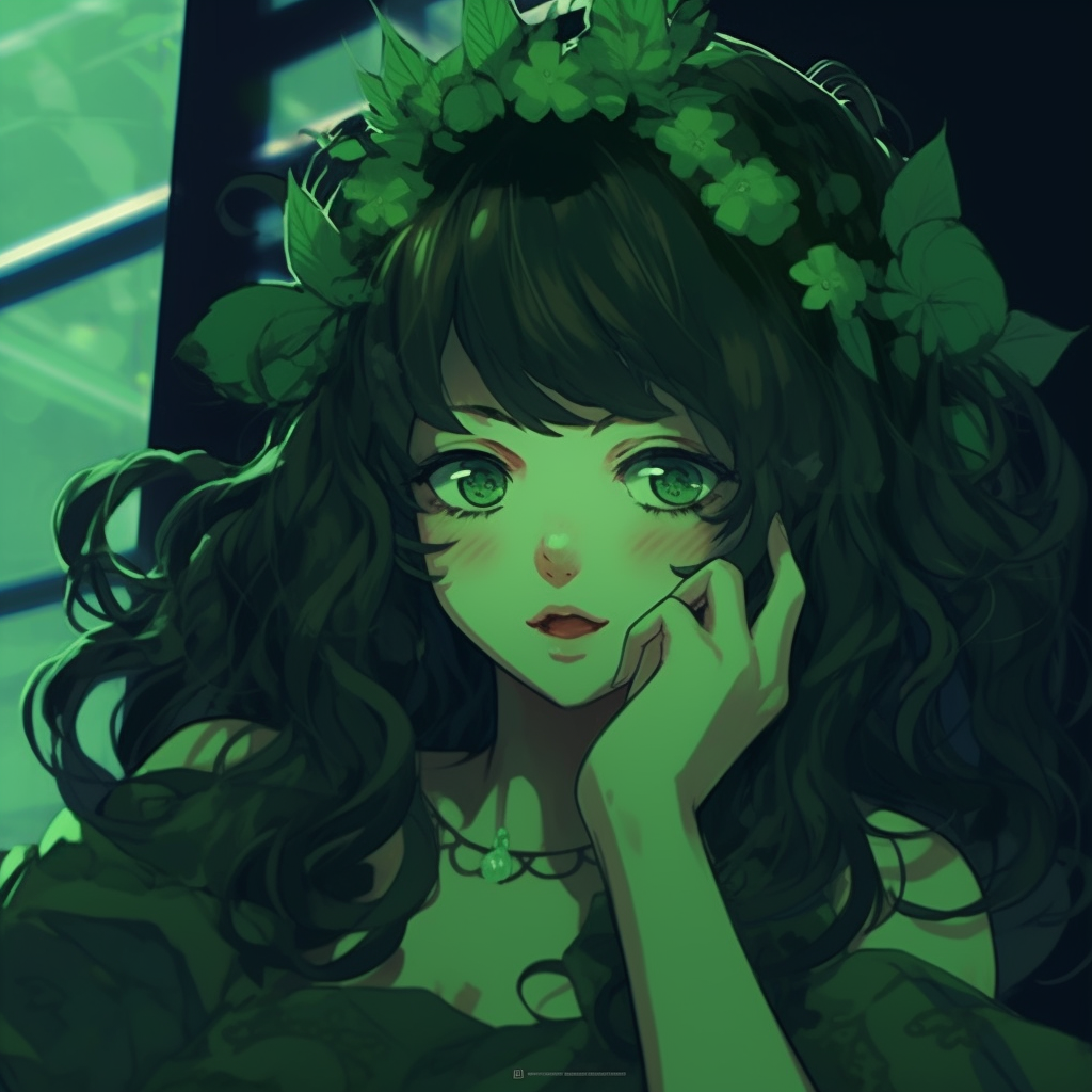Dynamic close-up of an anime character, exuding a powerful green aura, her eyes exhibit a vibrant green glow exhibiting determination. compelling green anime pfp illustrations