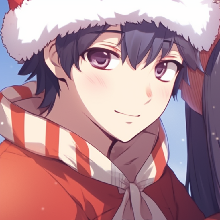 Two friends in matching scarves, vivid colors and the misty backdrop of a Christmas market. top-rated matching christmas anime girl pfp pfp for discord.