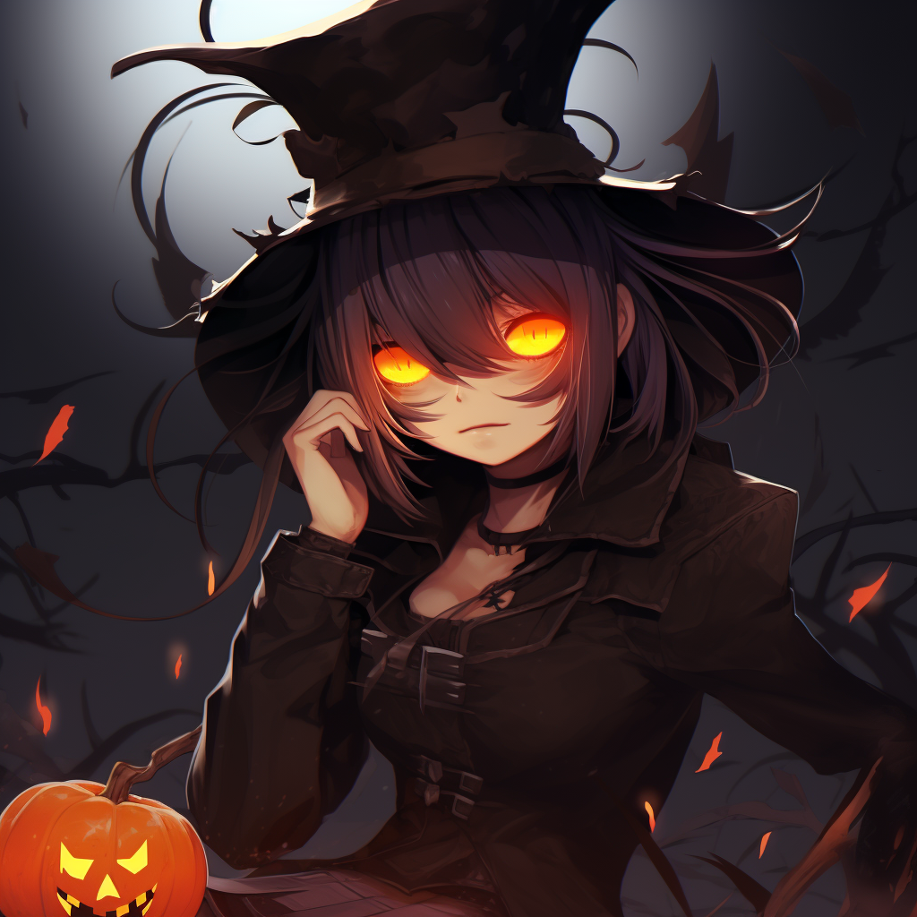 Anime girl dressed as a witch, sharp lines and contrasting colors. halloween pfp anime girls